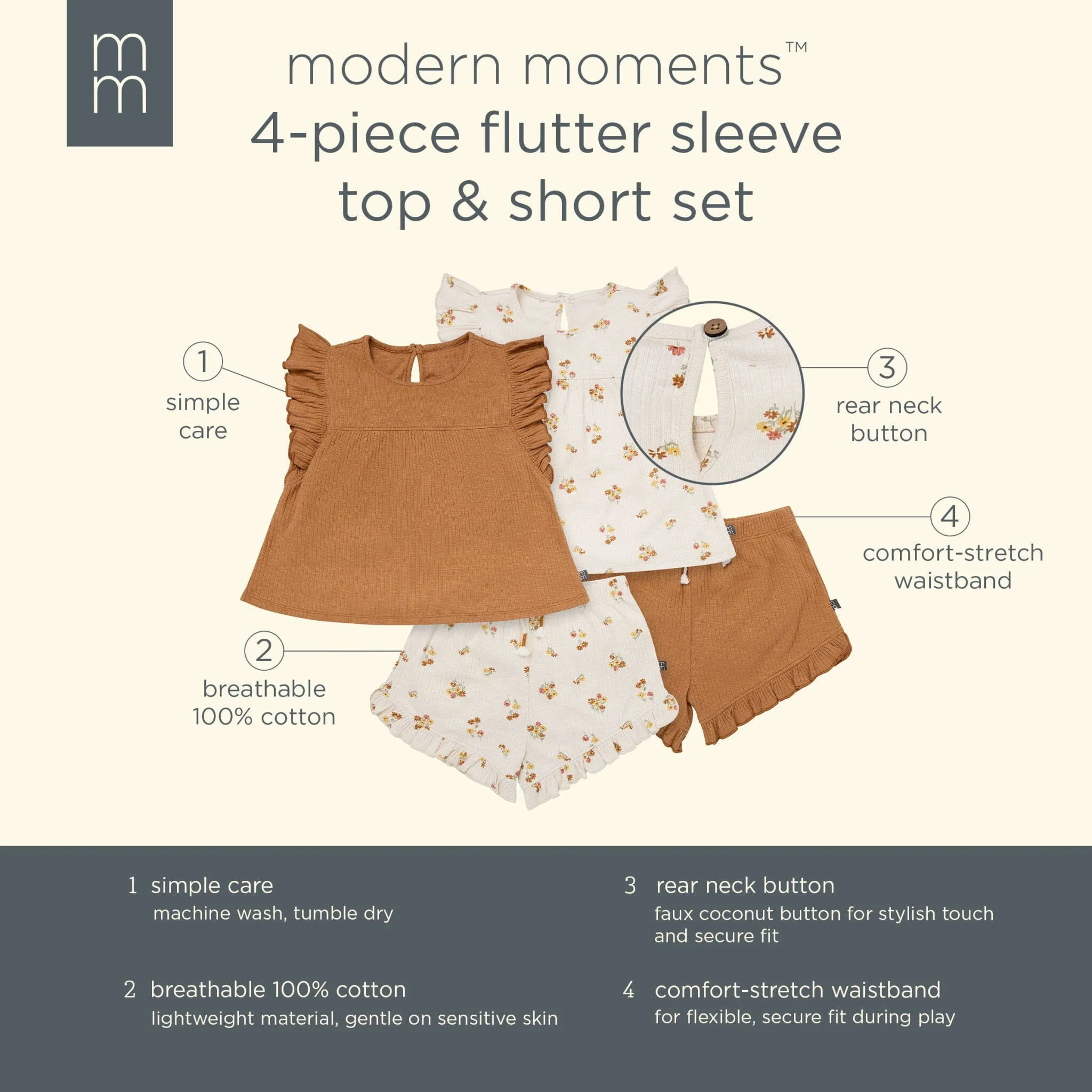 4-Piece Infant & Toddler Girls Beige Flowers Flutter Sleeve Tops and Shorts Set Gerber Childrenswea