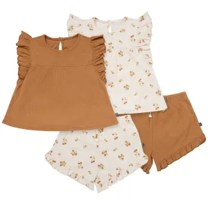 4-Piece Infant & Toddler Girls Beige Flowers Flutter Sleeve Tops and Shorts Set Gerber Childrenswea