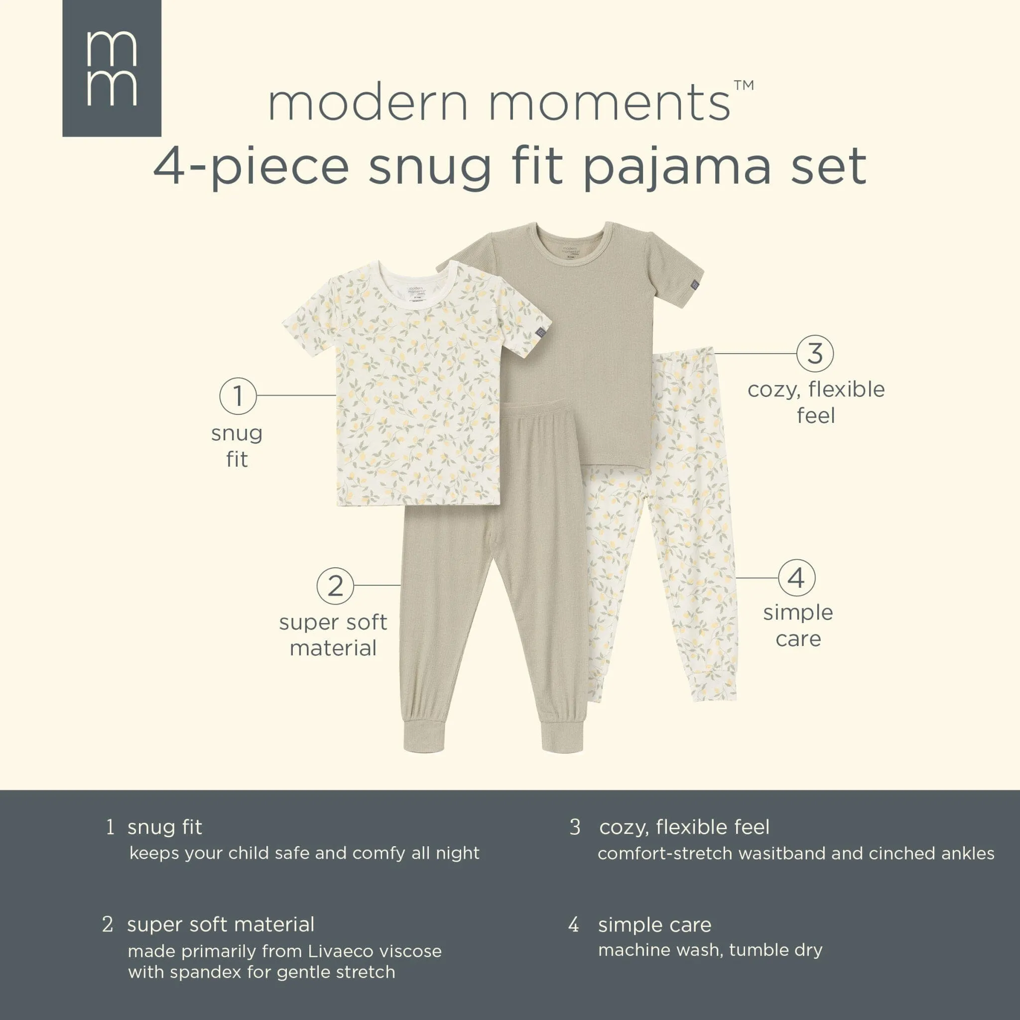 4-Piece Infant & Toddler Girls Lemon Vines Snug Fitting Pajamas Gerber Childrenswea