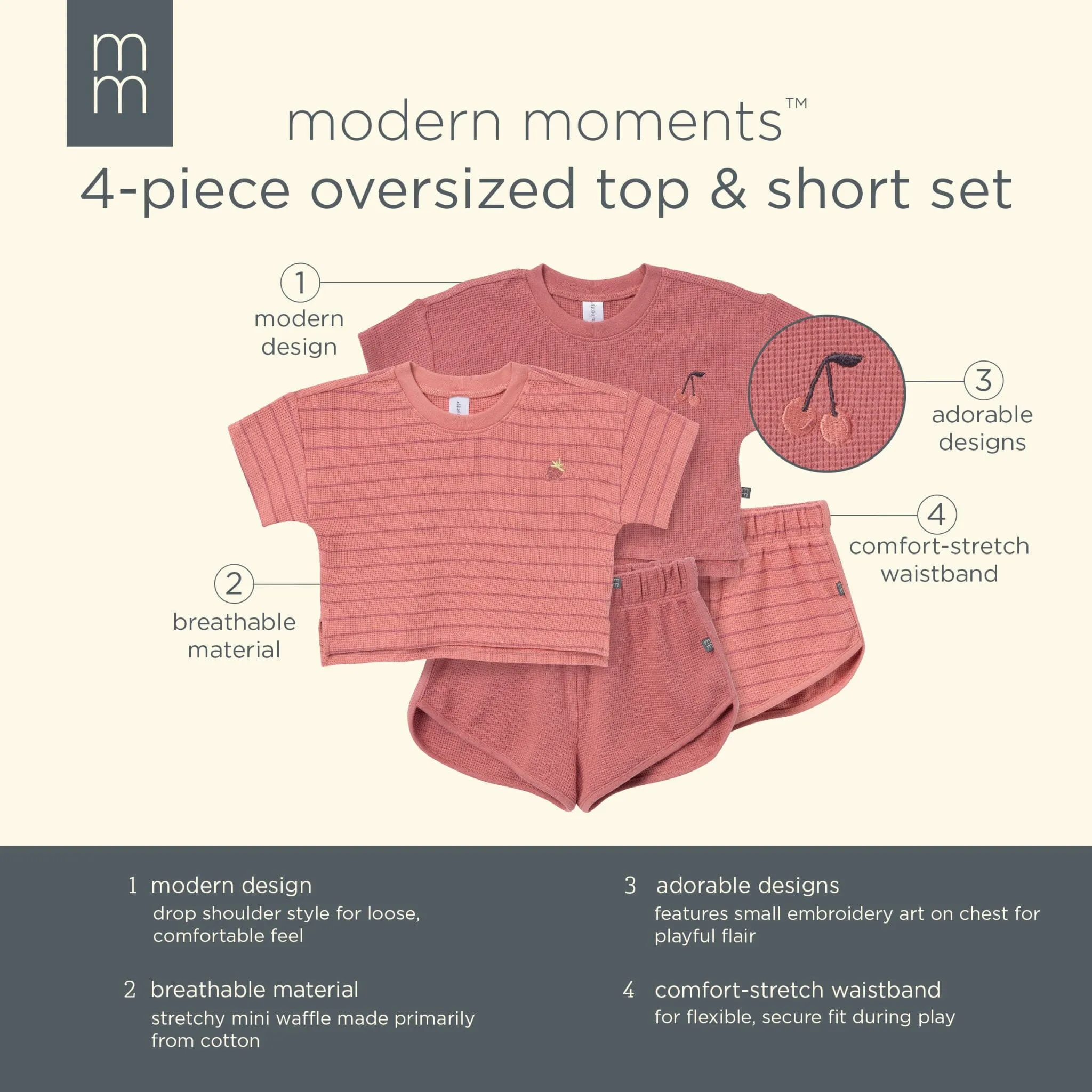 4-Piece Infant & Toddler Girls Rose Stripe Drop Shoulder Crop Tops and Shorts Set Gerber Childrenswea