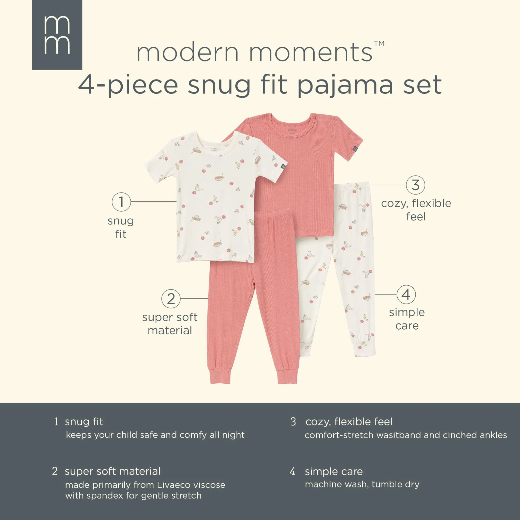 4-Piece Infant & Toddler Neutral Pasta Dinner Snug Fitting Pajamas Gerber Childrenswea