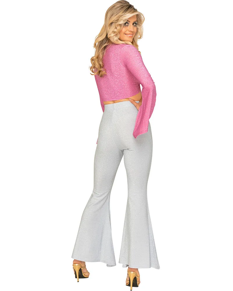 70s Silver Sparkle Disco Fever Womens Flares