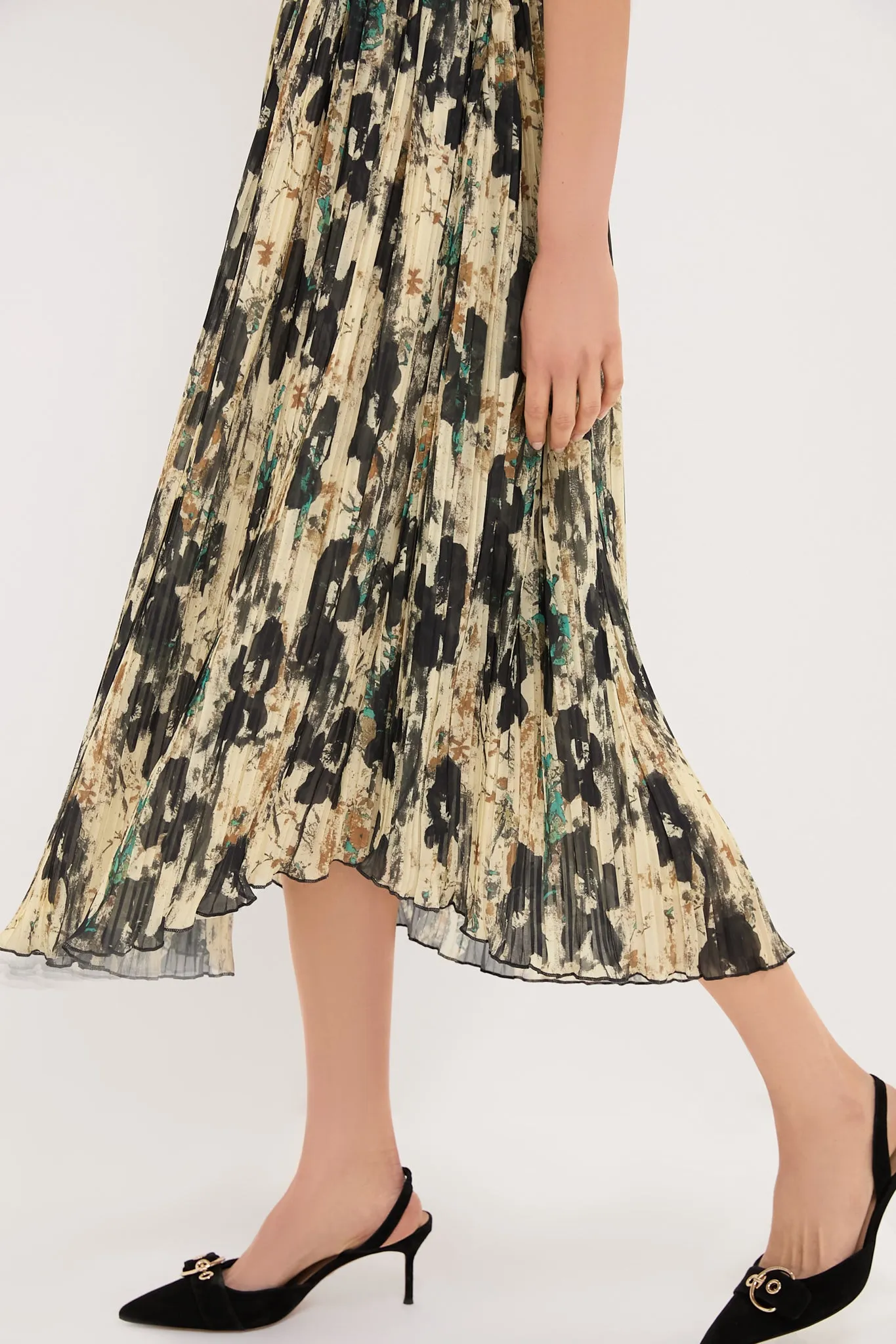 Afterglow Printed Pleats Smock Midi Straps Dress