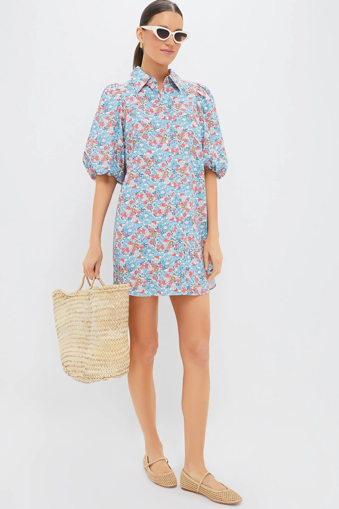 Blue & Coral Vines Cassidy Mini Shirt Dress