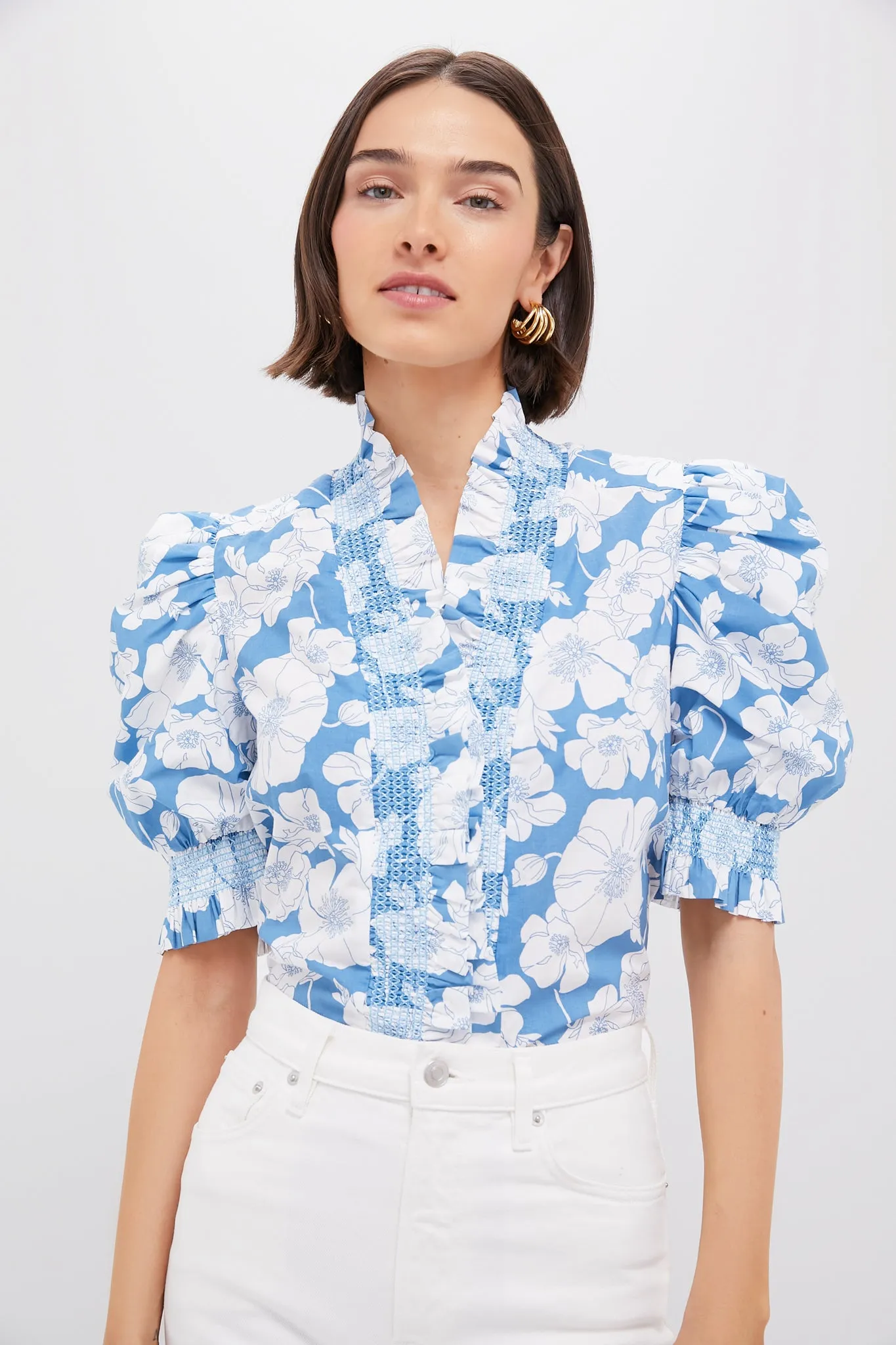 Blue Floral Ruffle Neck Aria Blouse
