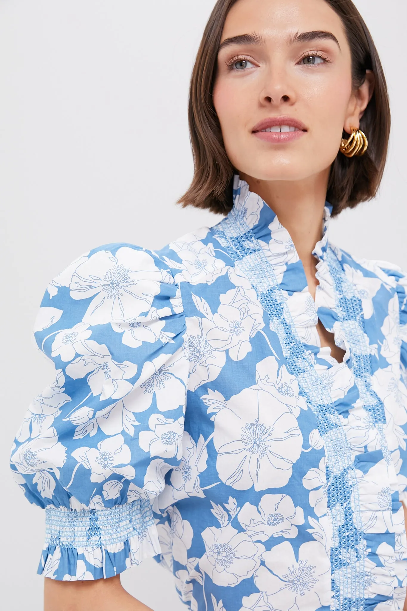Blue Floral Ruffle Neck Aria Blouse
