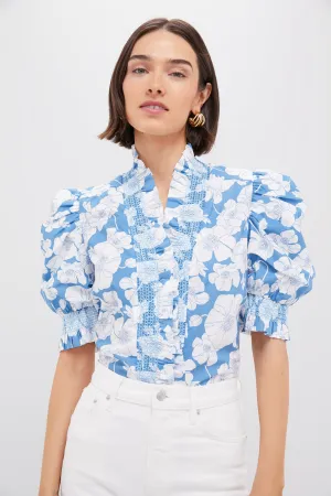 Blue Floral Ruffle Neck Aria Blouse