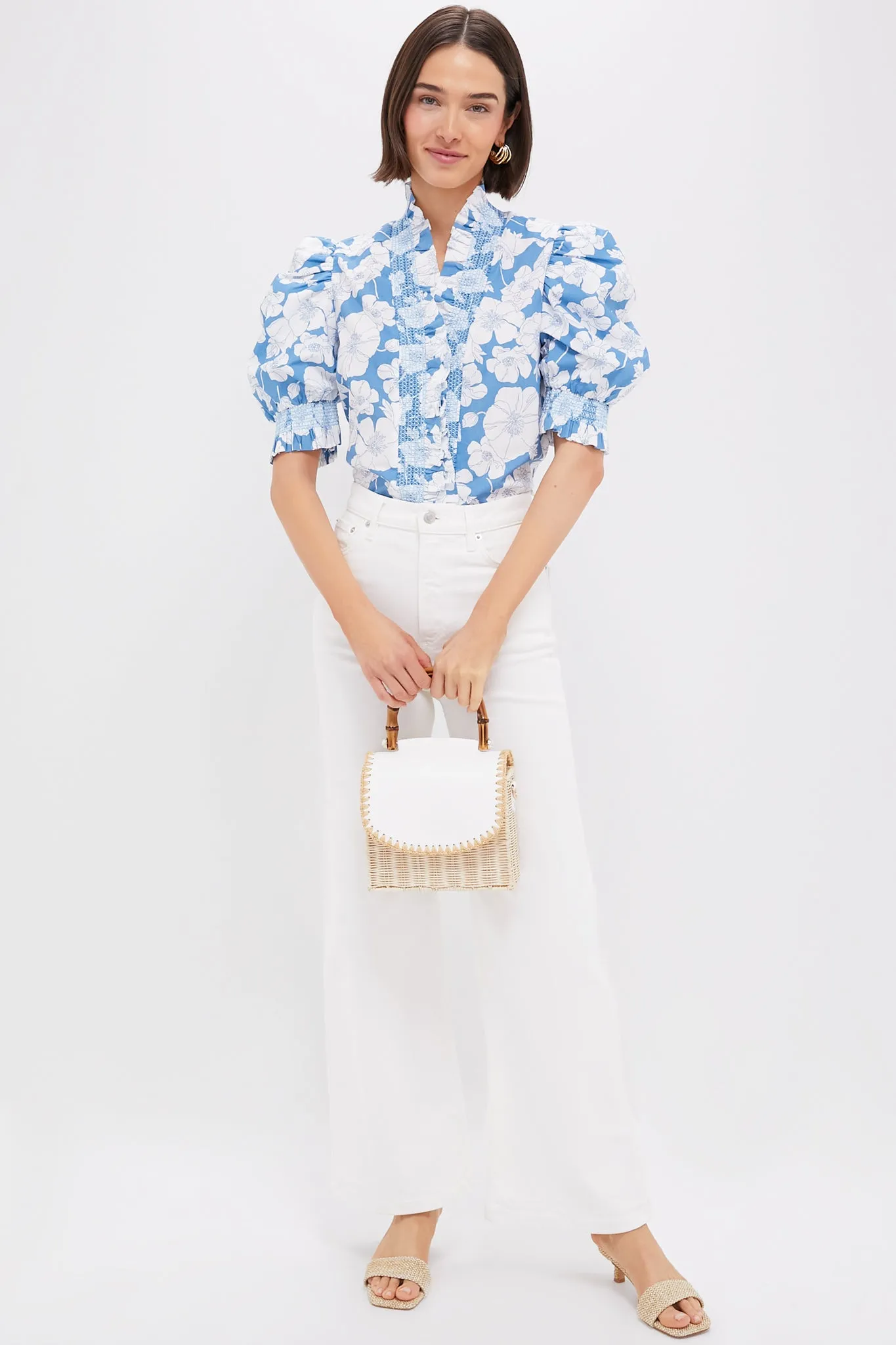 Blue Floral Ruffle Neck Aria Blouse
