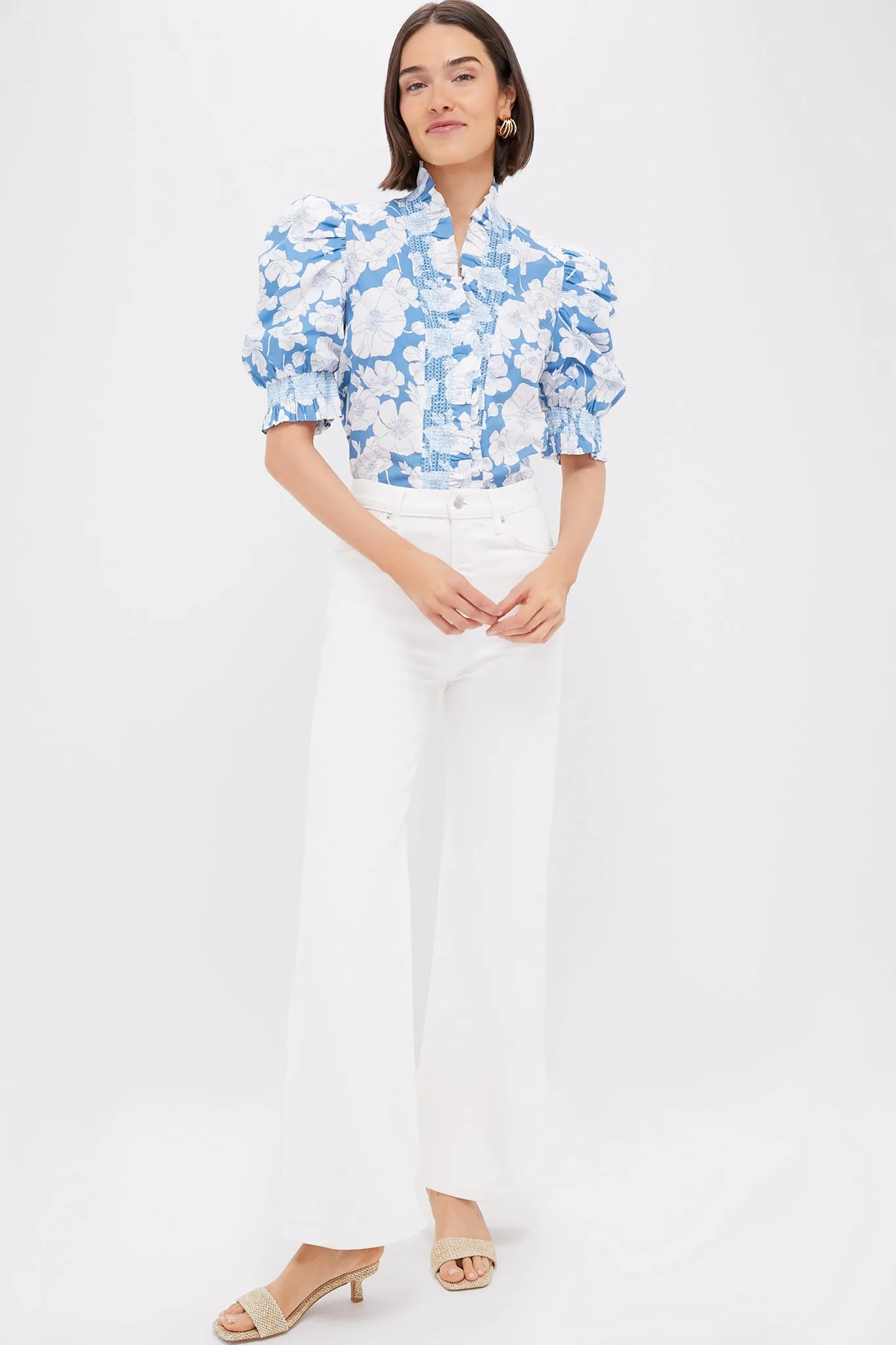 Blue Floral Ruffle Neck Aria Blouse