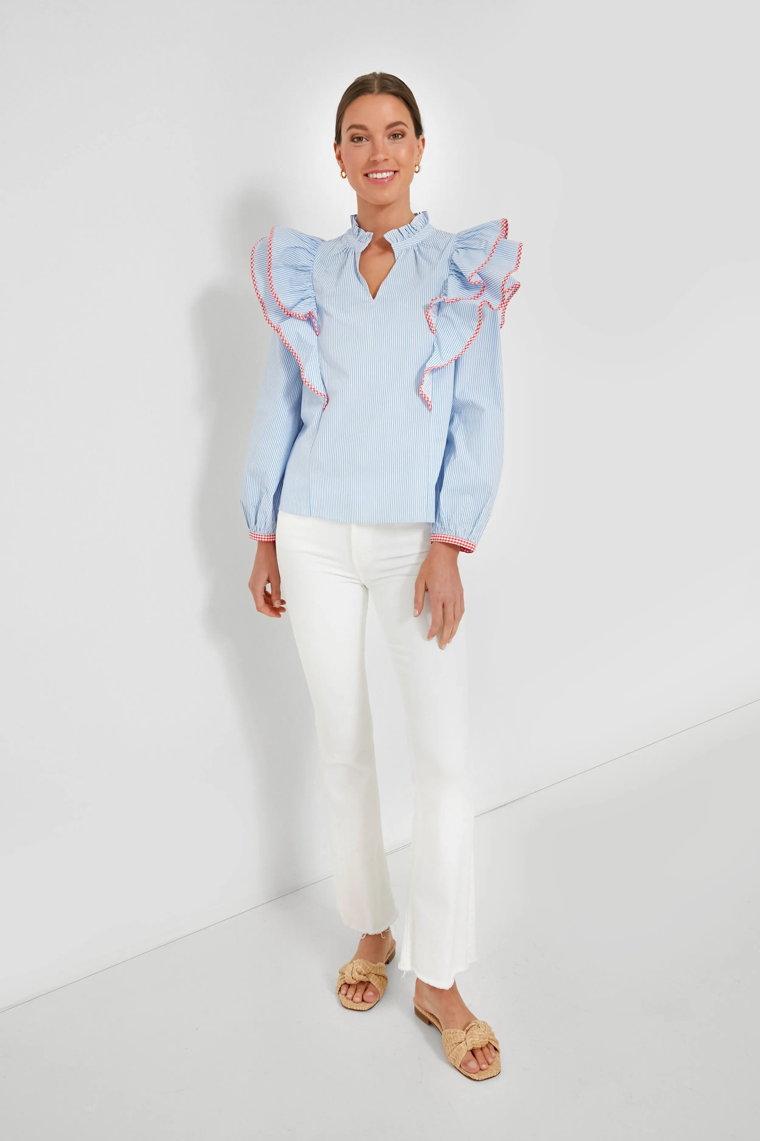 Blue Stripe Gingham Ruffle Holly Blouse