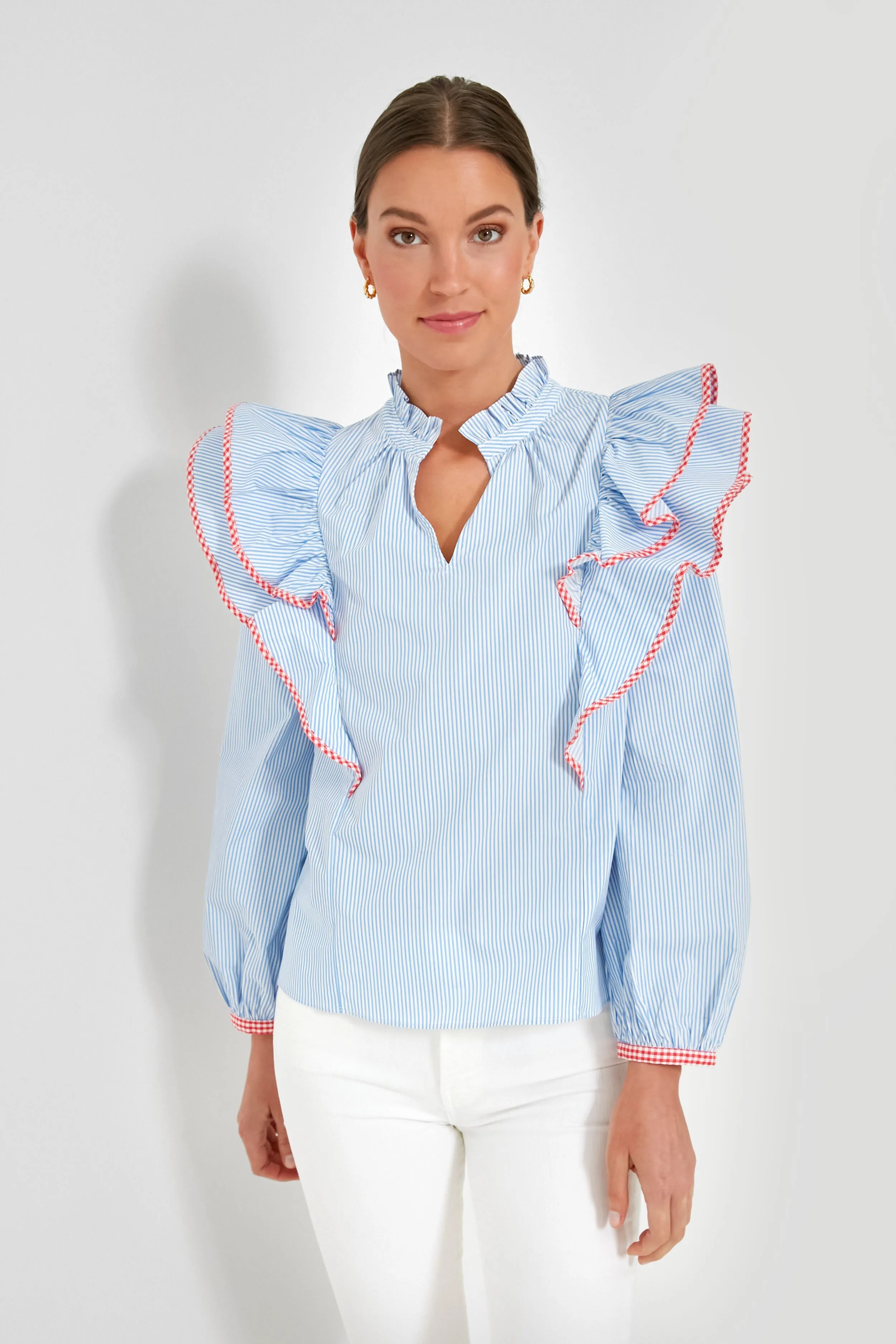 Blue Stripe Gingham Ruffle Holly Blouse