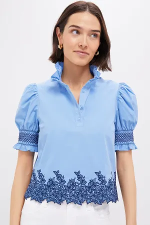 Cornflower Blue & Navy Embroidery Eliza Blouse