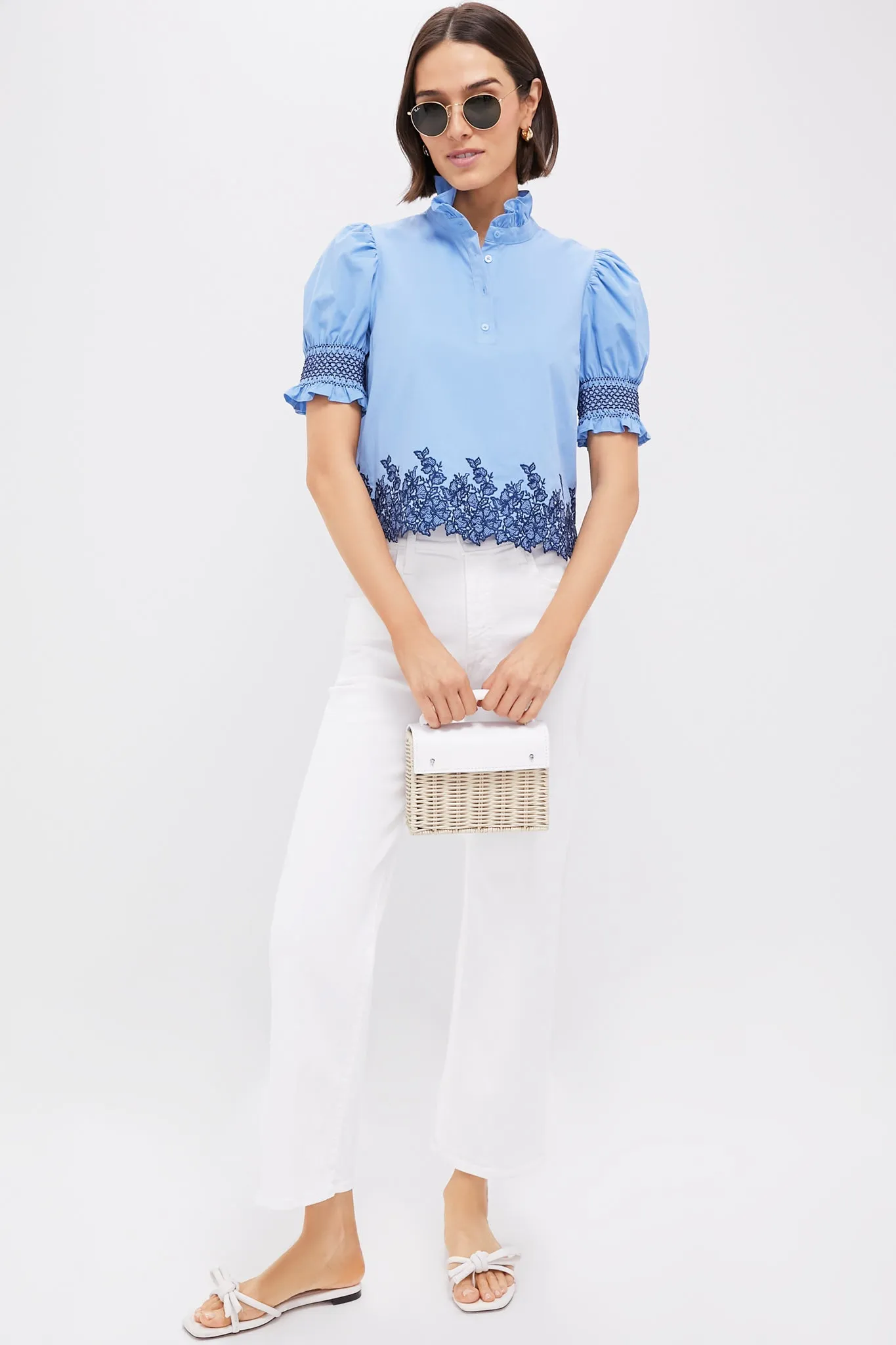 Cornflower Blue & Navy Embroidery Eliza Blouse