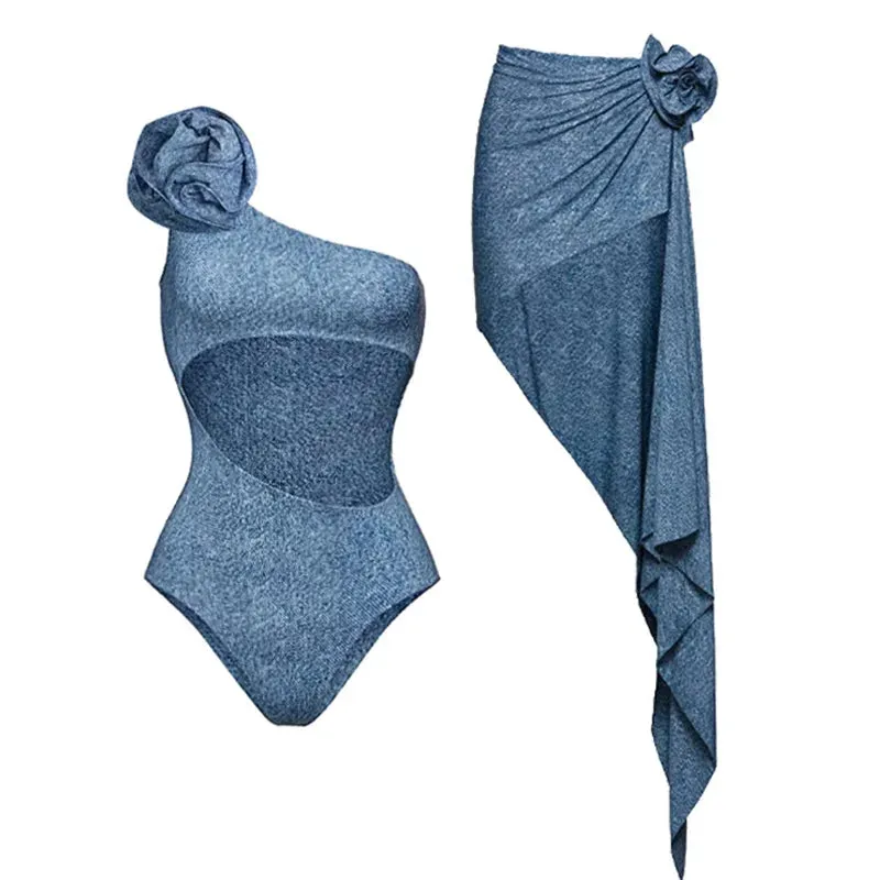 Denim Print One Piece Swimsuit and Skirt Anna Kay Co