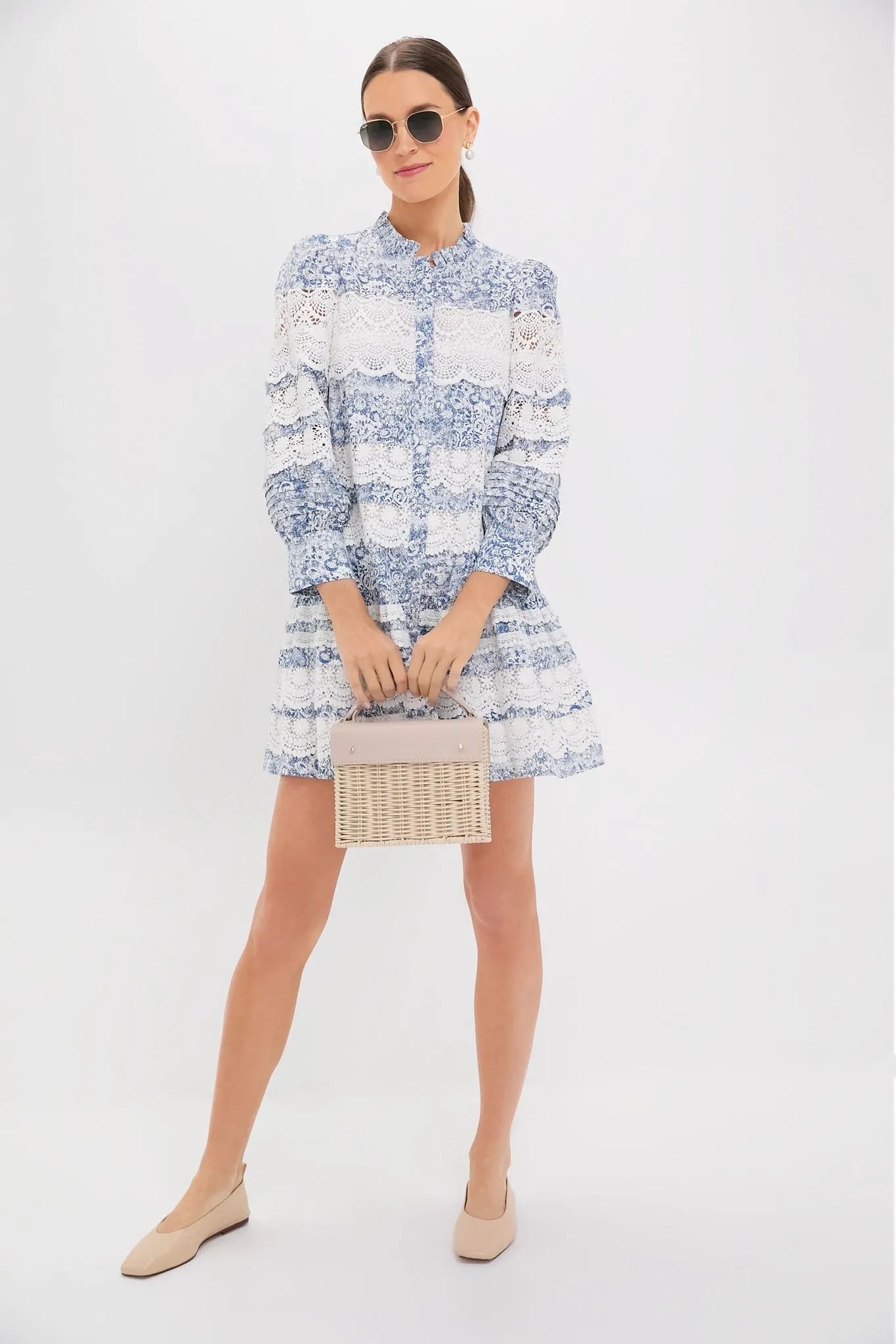 Lace Trim Blue Etched Floral Emmie Mini Dress