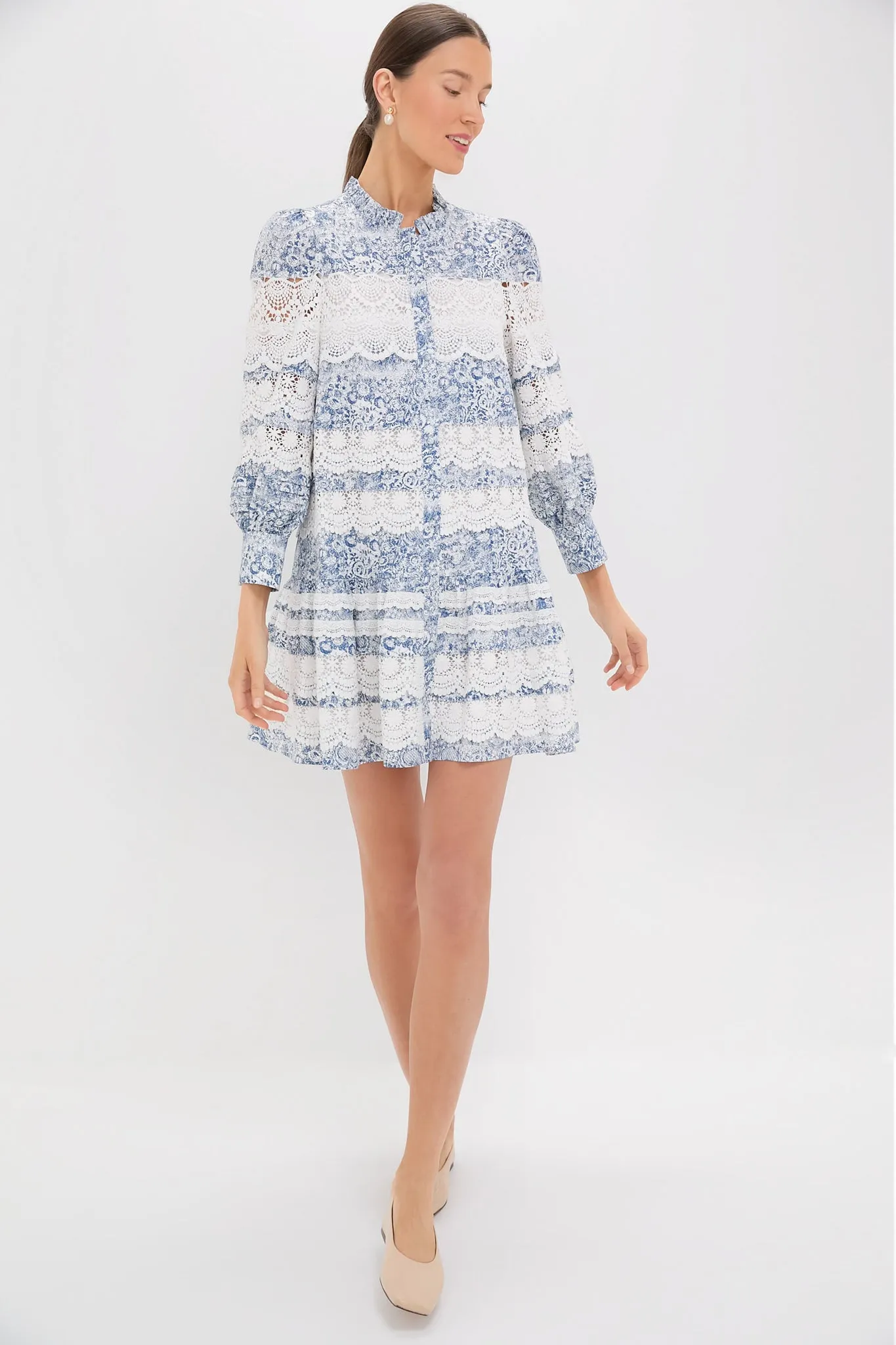 Lace Trim Blue Etched Floral Emmie Mini Dress