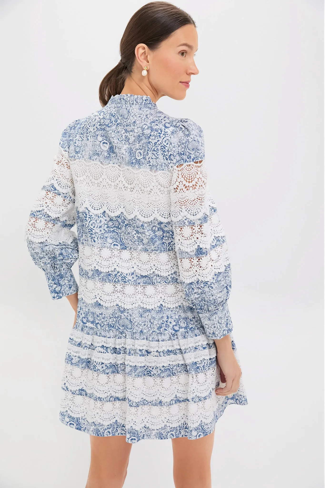 Lace Trim Blue Etched Floral Emmie Mini Dress