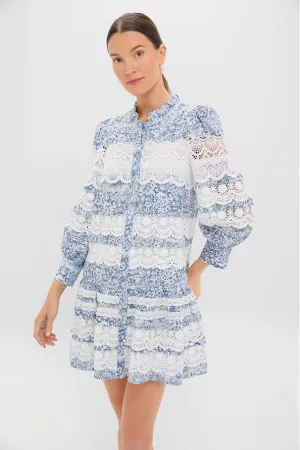 Lace Trim Blue Etched Floral Emmie Mini Dress