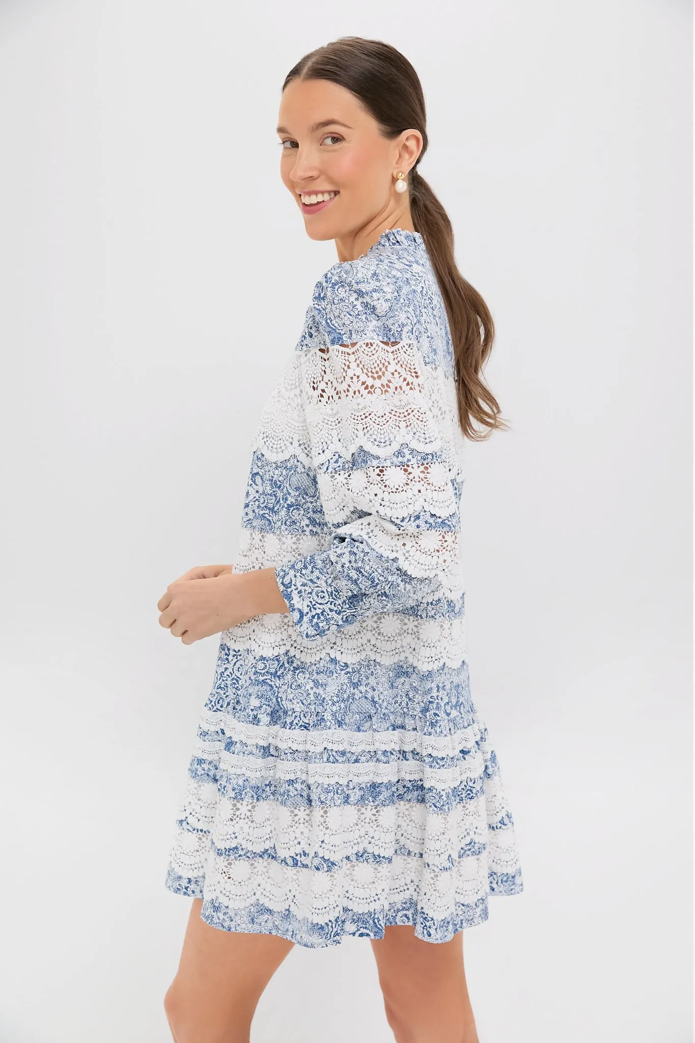 Lace Trim Blue Etched Floral Emmie Mini Dress
