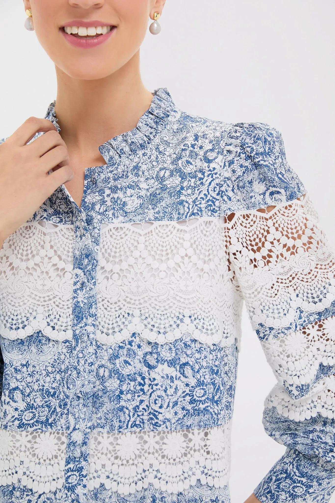Lace Trim Blue Etched Floral Emmie Mini Dress