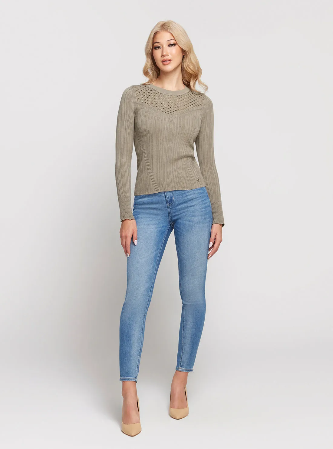 Light Khaki Marie Long Sleeve Knit Top Guess