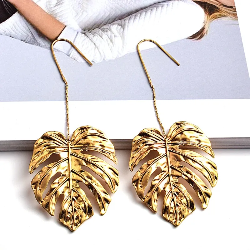 Long Gold Metal Leaf Earrings Anna Kay Co