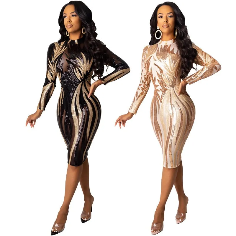 Long Sleeve Sequins Bodycon Dress/No Slip Anna Kay Co