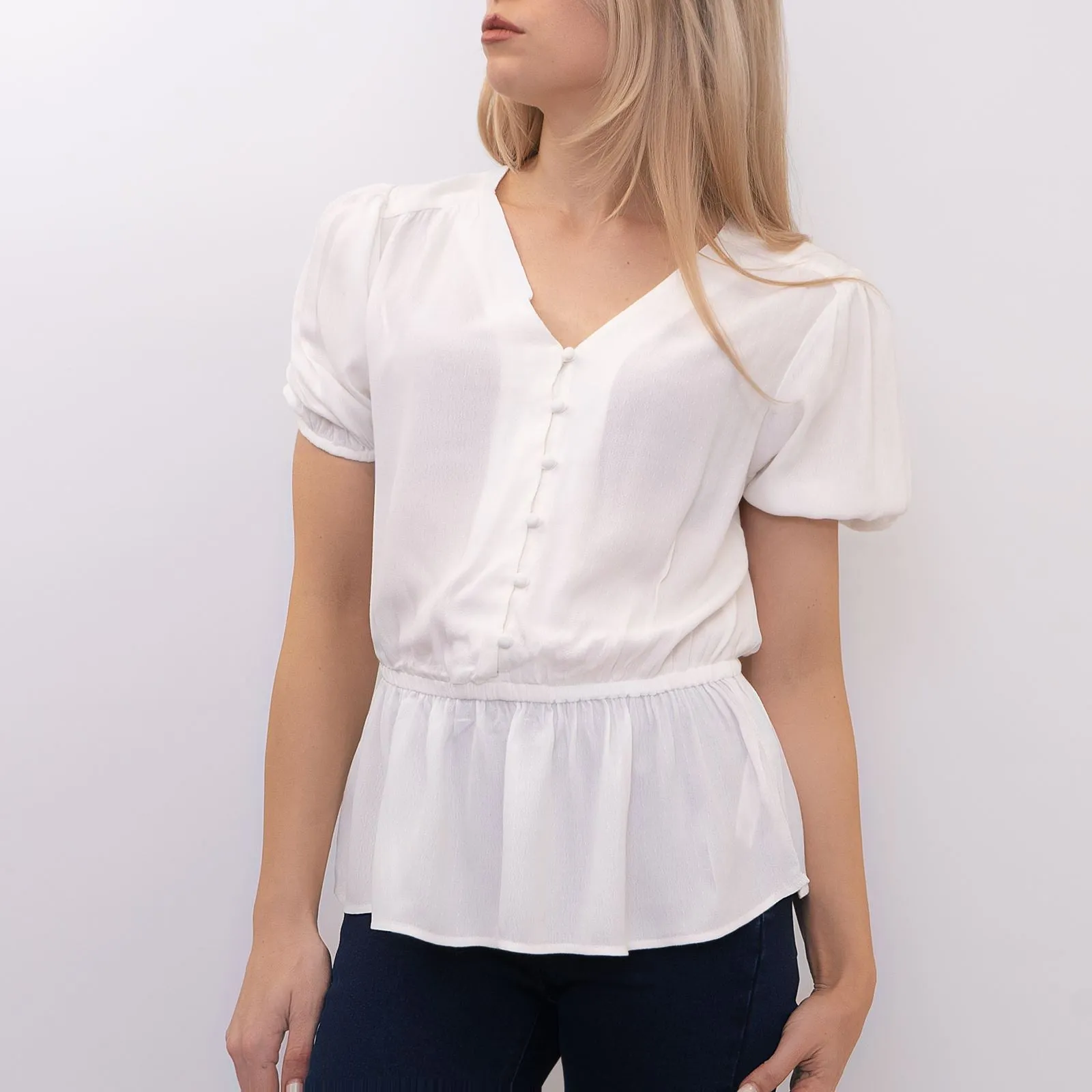 M&S Ivory Blouse Elasticated Waist Short Sleeve V-Neckline Tops