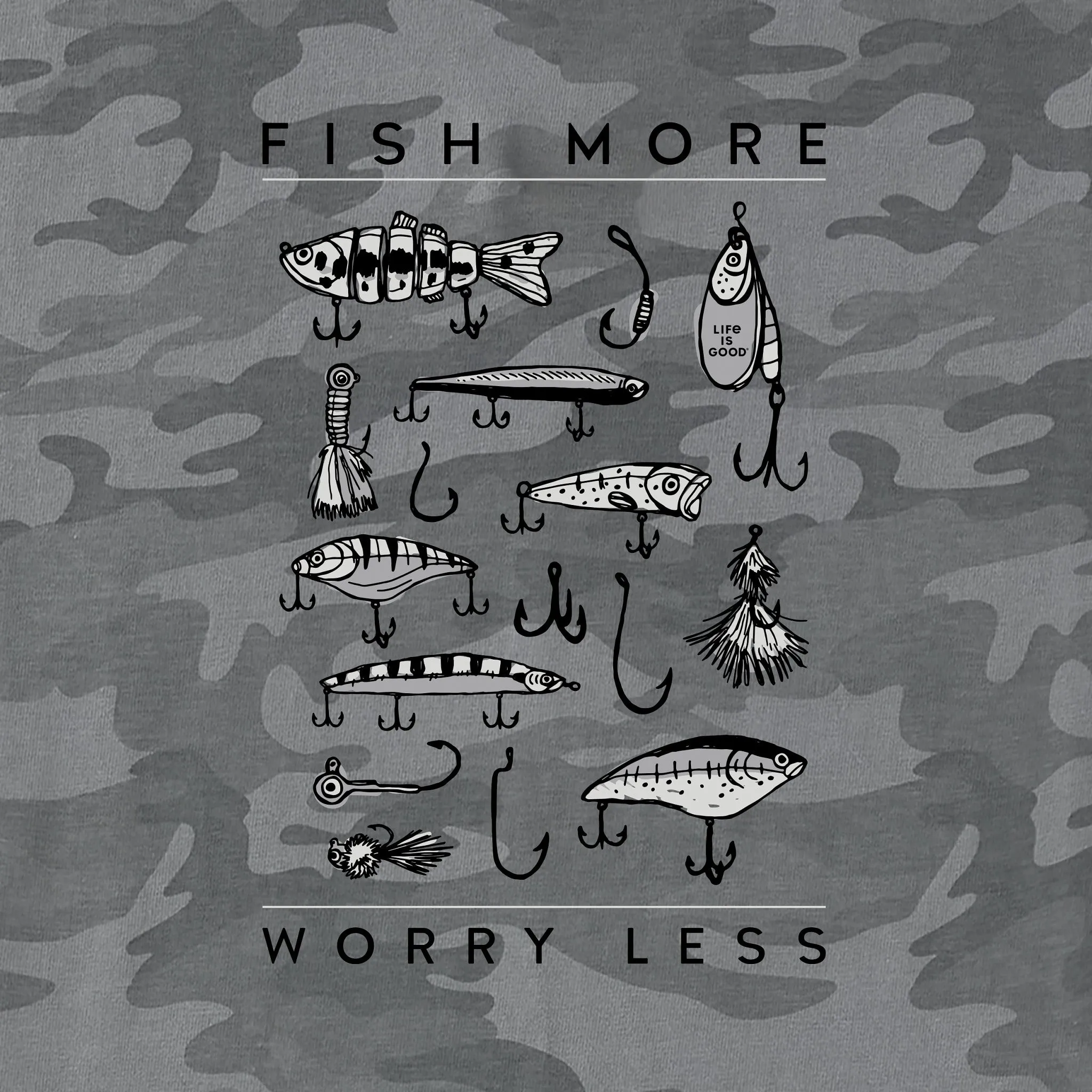 Men's Fish More Worry Less Hooks and Tackle Short Sleeve Allover Printed Crusher Tee Life is Good