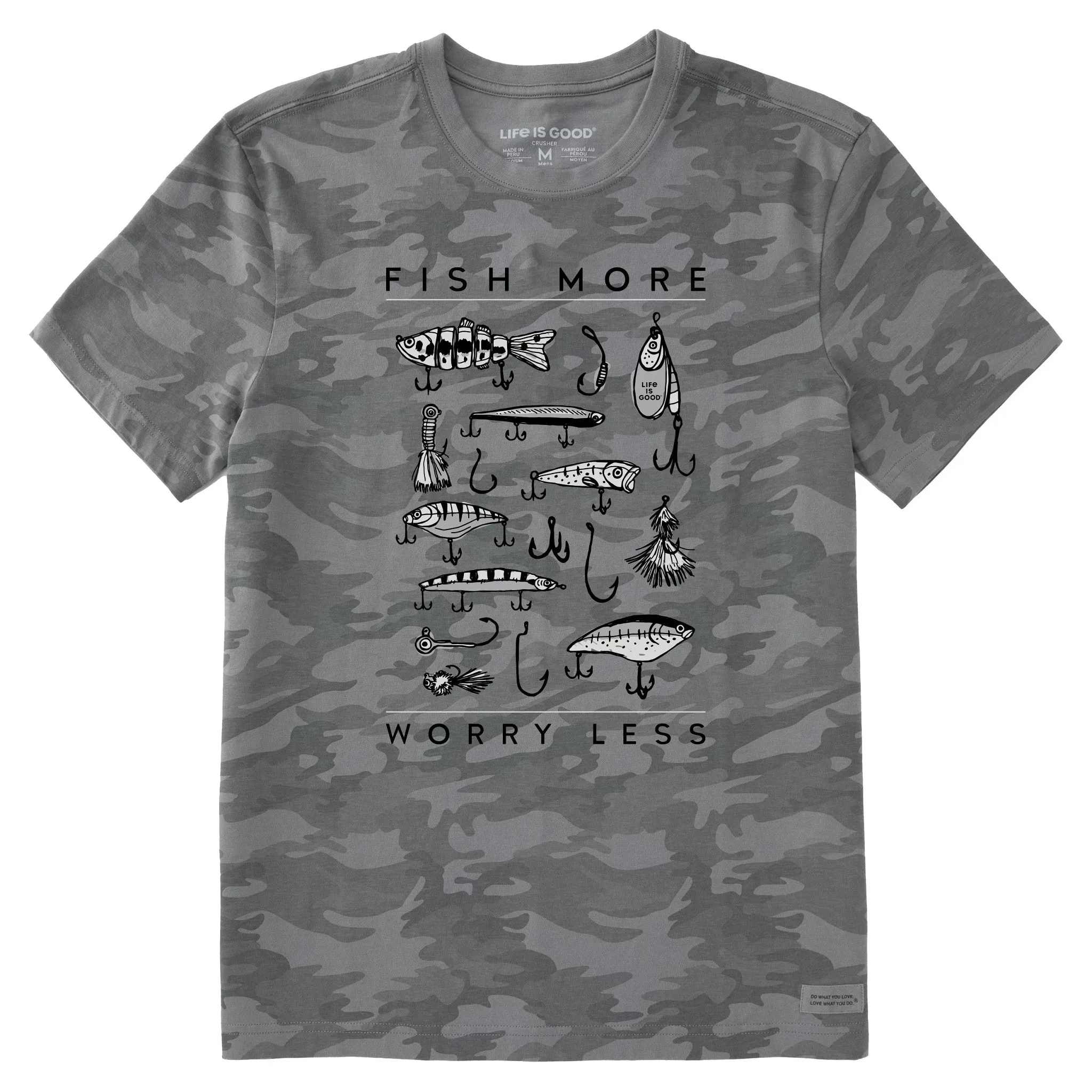 Men's Fish More Worry Less Hooks and Tackle Short Sleeve Allover Printed Crusher Tee Life is Good