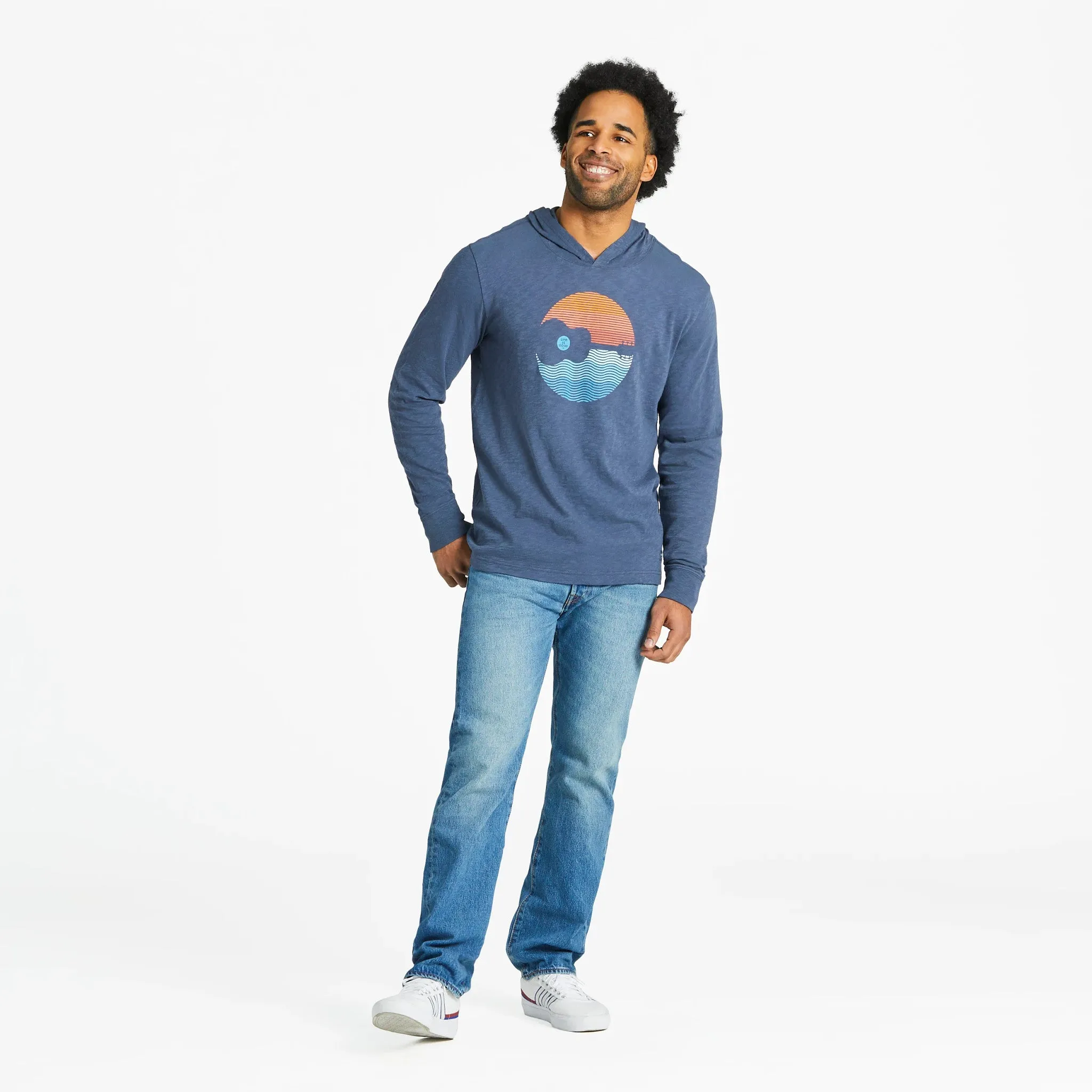 Men's Guitar Sunset Circle Textured Slub Hoodie Life is Good