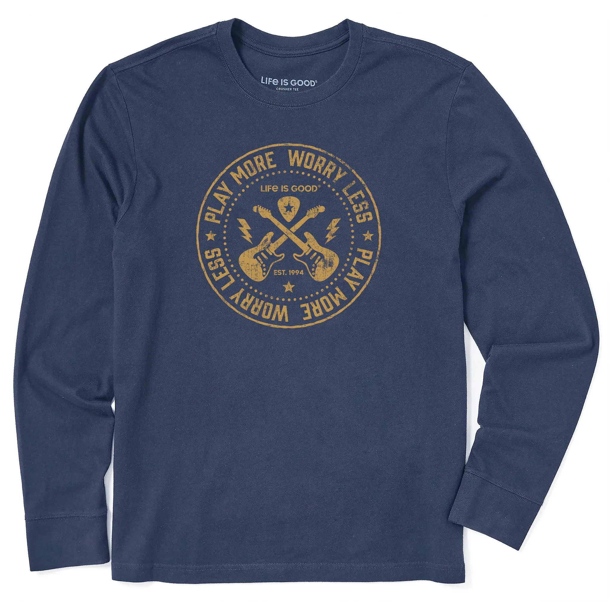 Men's Play More Worry Less Guitars Long Sleeve Crusher Tee Life is Good