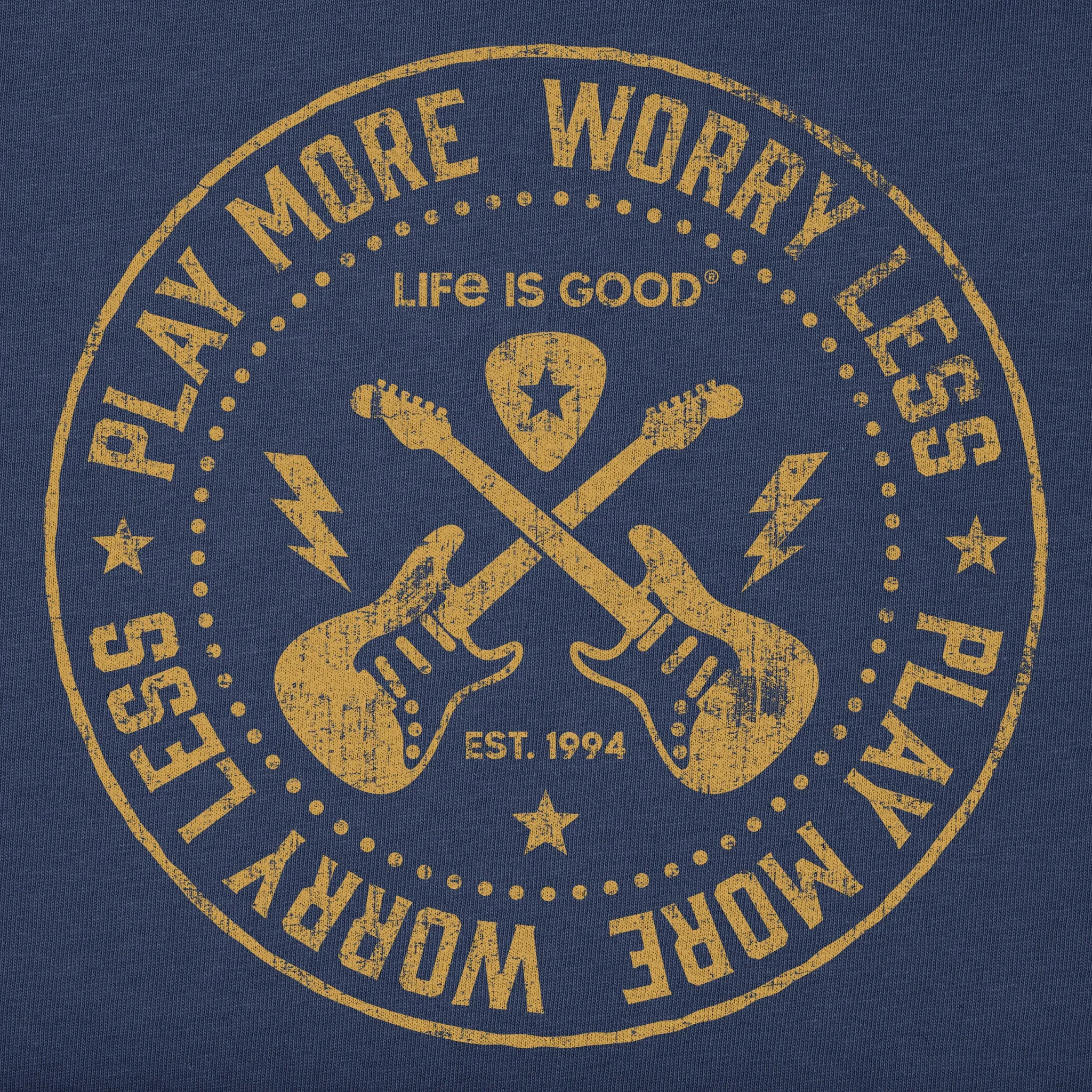 Men's Play More Worry Less Guitars Long Sleeve Crusher Tee Life is Good