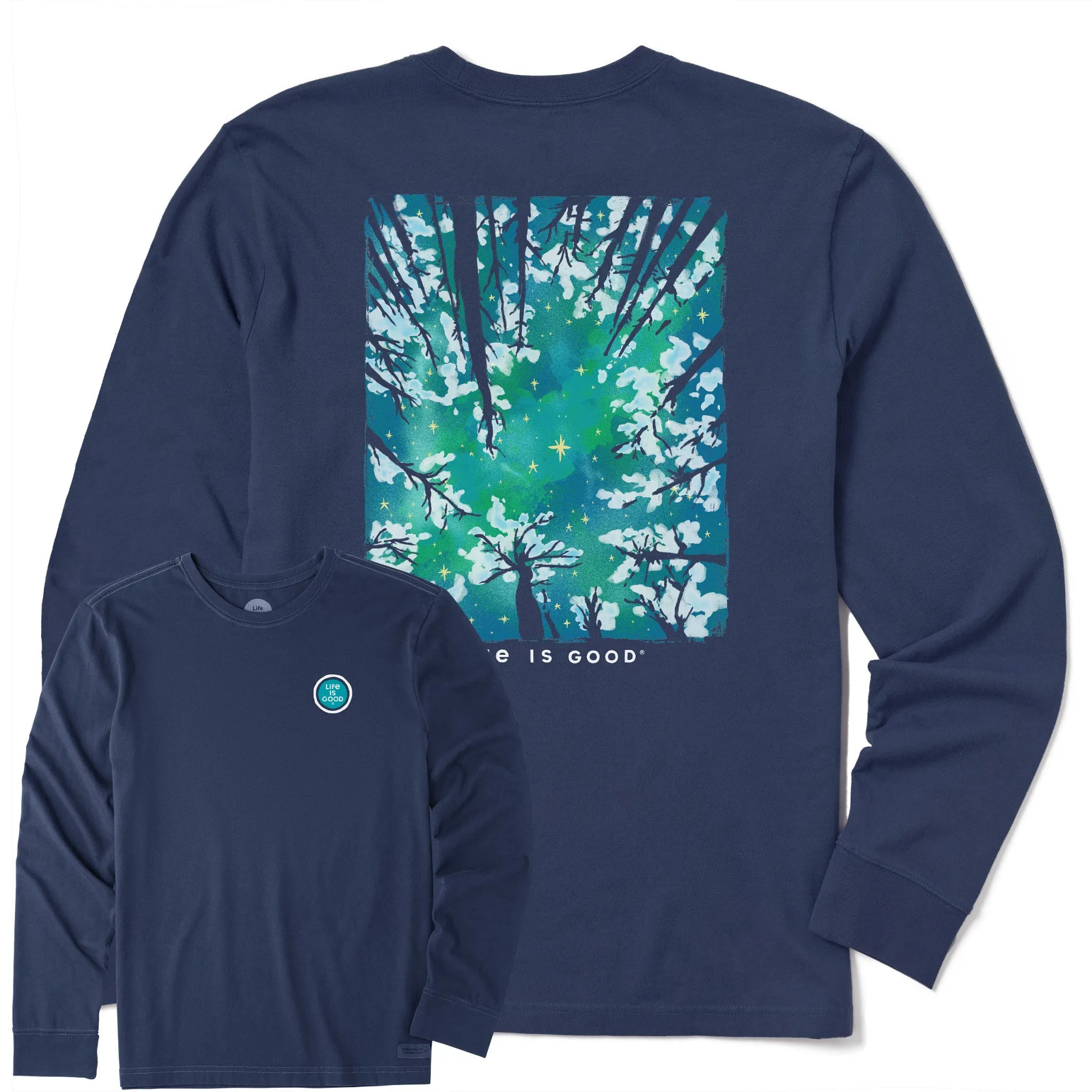 Men's Snowy Trees From Below Long Sleeve Crusher Tee Life is Good