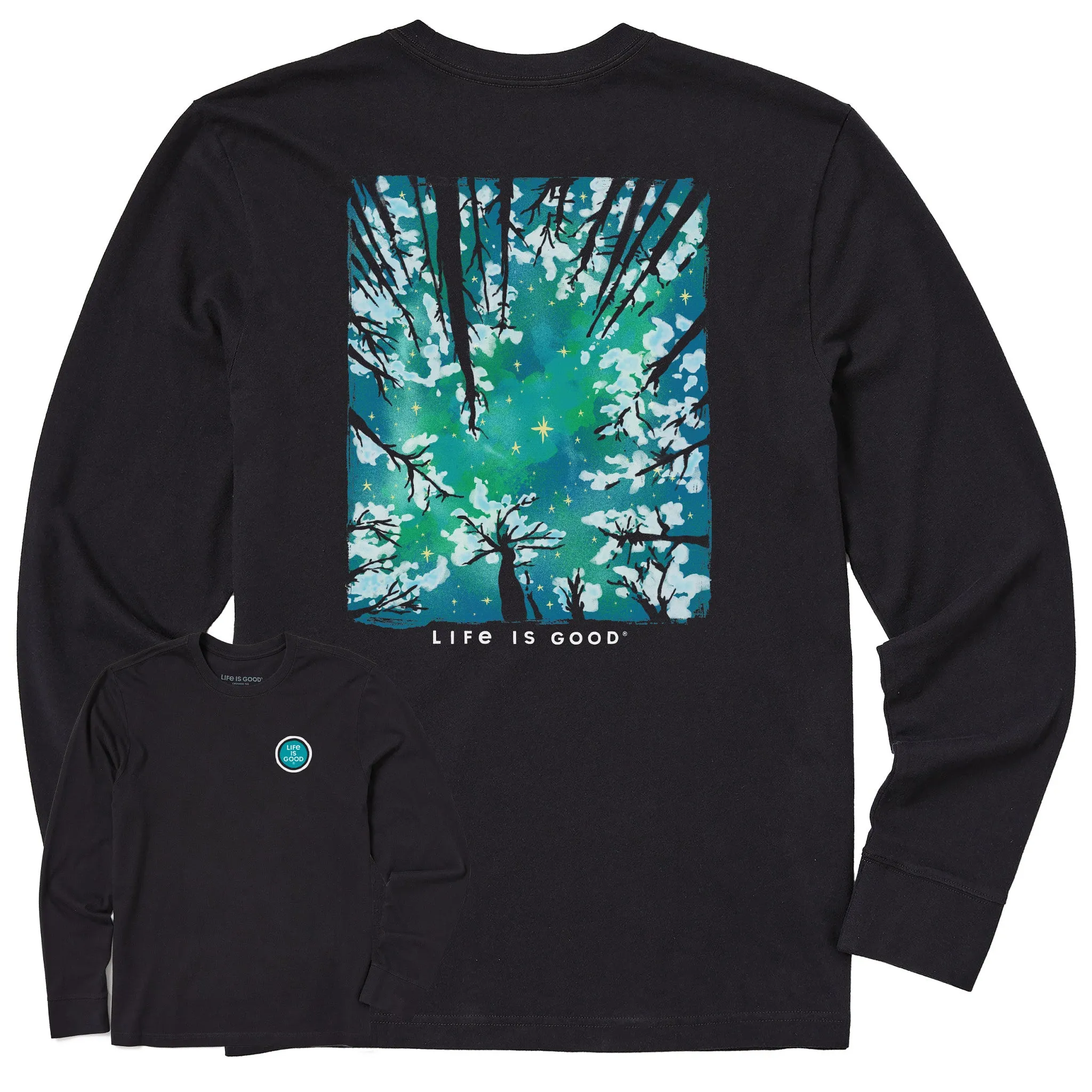 Men's Snowy Trees From Below Long Sleeve Crusher Tee Life is Good
