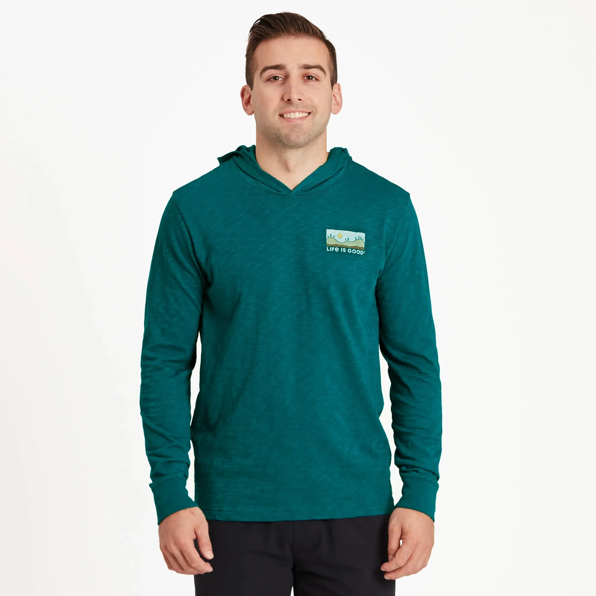 Men's Woodblock Kayak Textured Slub Hoodie Life is Good