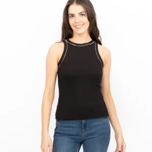 Mint Velvet Ribbed Embellished High Neck Vest Top Black