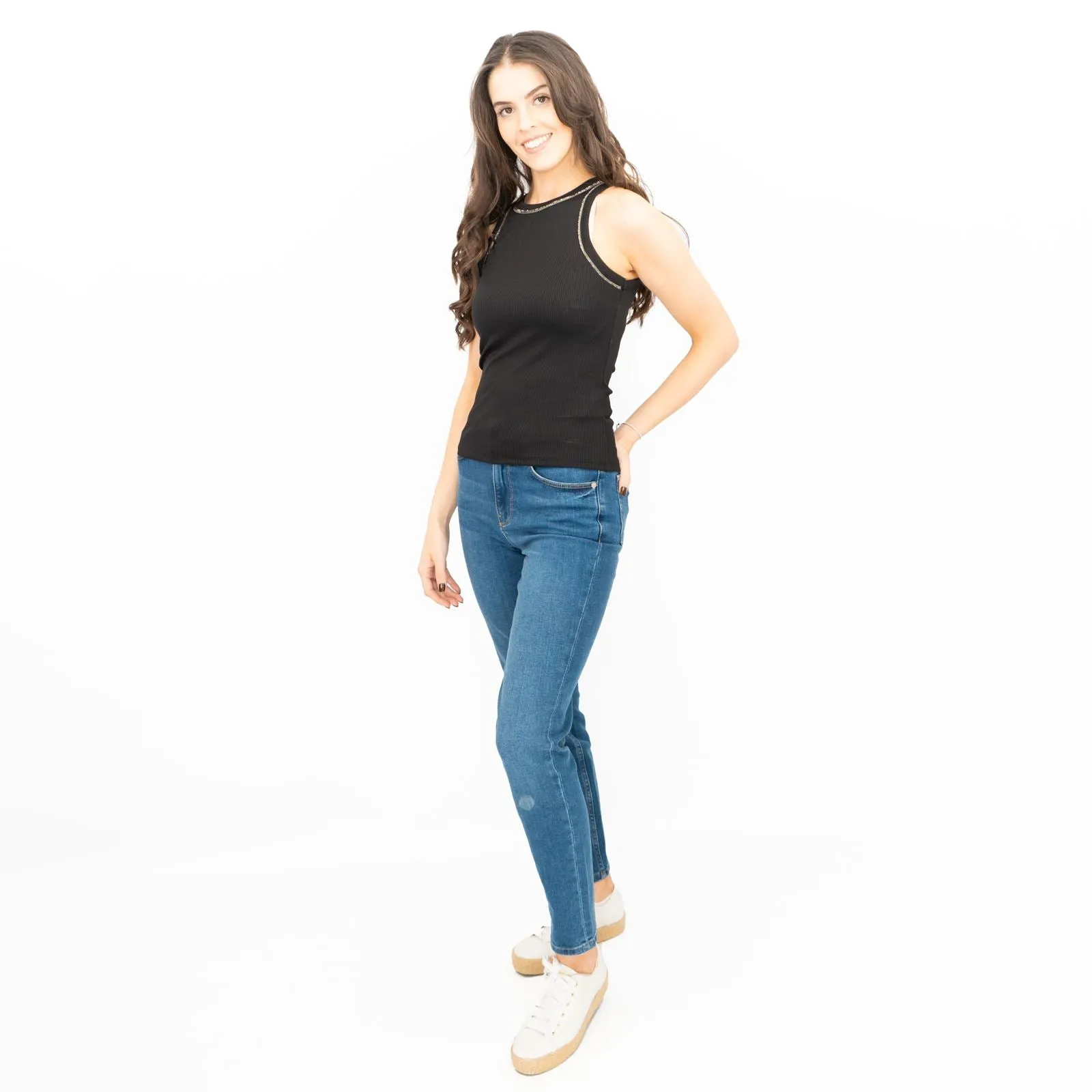 Mint Velvet Ribbed Embellished High Neck Vest Top Black