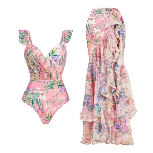 New Floral Pink Printed Two Piece Swimwear Ruffle Skirt Anna Kay Co