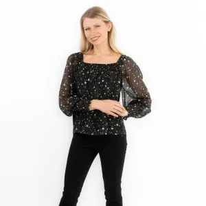 Next Black Silver Chiffon Star Foil Print Occasion Party Puff Sleeve Tops