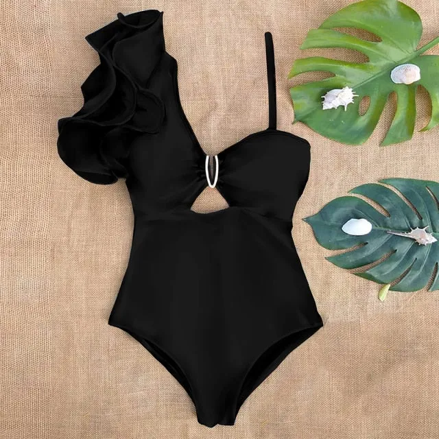 One Shoulder Ruffle One Piece Swimsuit Anna Kay Co
