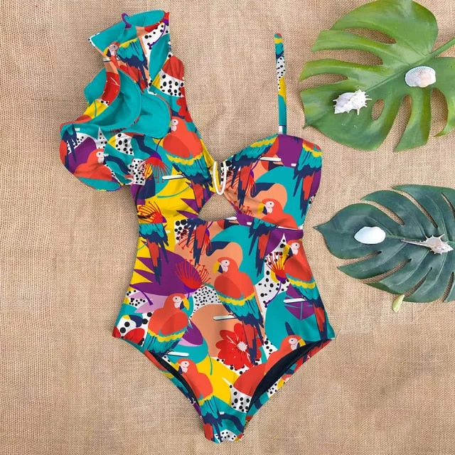 One Shoulder Ruffle One Piece Swimsuit Anna Kay Co