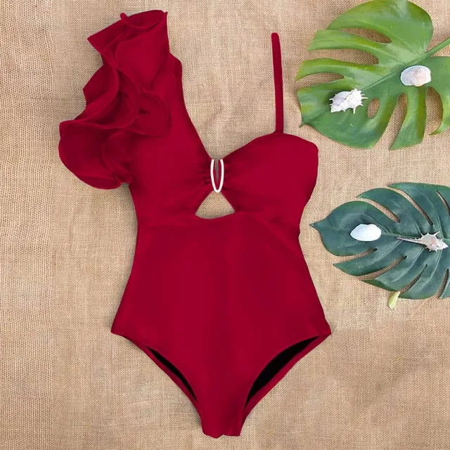 One Shoulder Ruffle One Piece Swimsuit Anna Kay Co