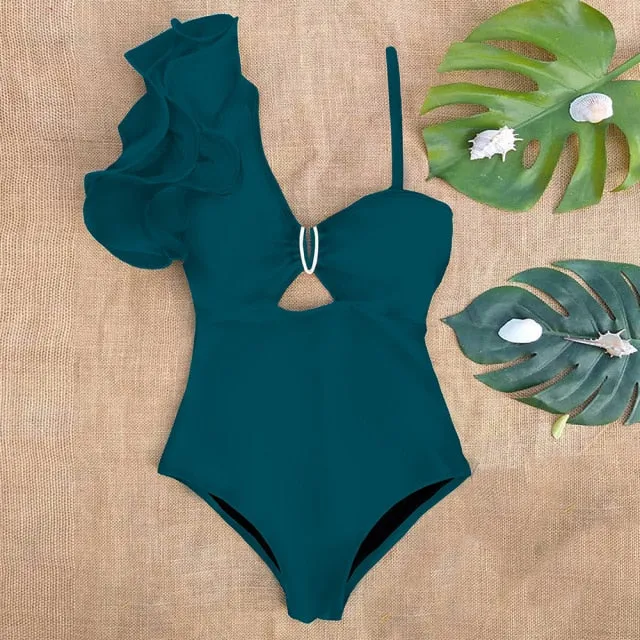 One Shoulder Ruffle One Piece Swimsuit Anna Kay Co