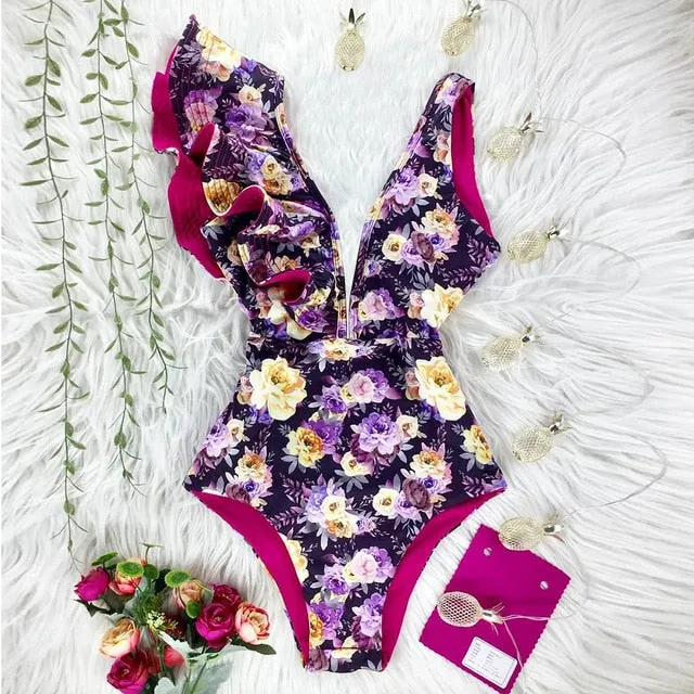 Ruffle Print Floral One Piece Swimsuit Anna Kay Co