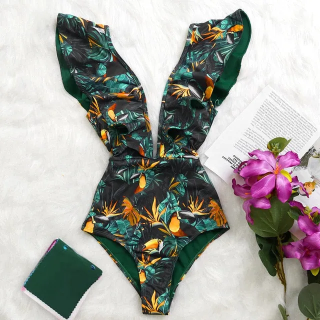Ruffle Print Floral One Piece Swimsuit Anna Kay Co