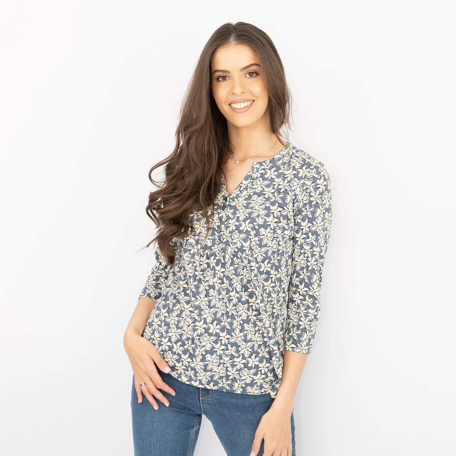 Seasalt Castor 3/4 Sleeves Grey Star Flower Organic Cotton Tops