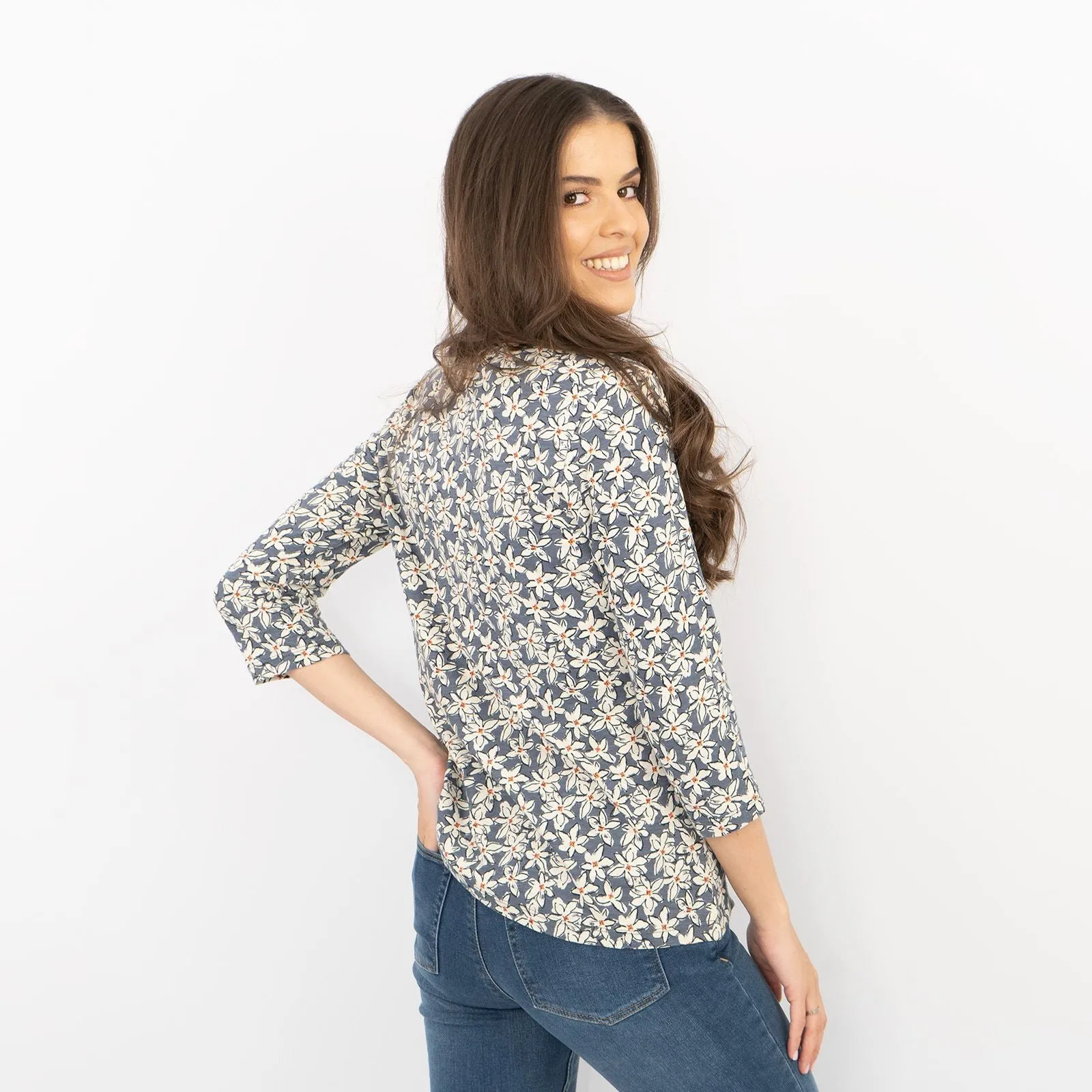 Seasalt Castor 3/4 Sleeves Grey Star Flower Organic Cotton Tops