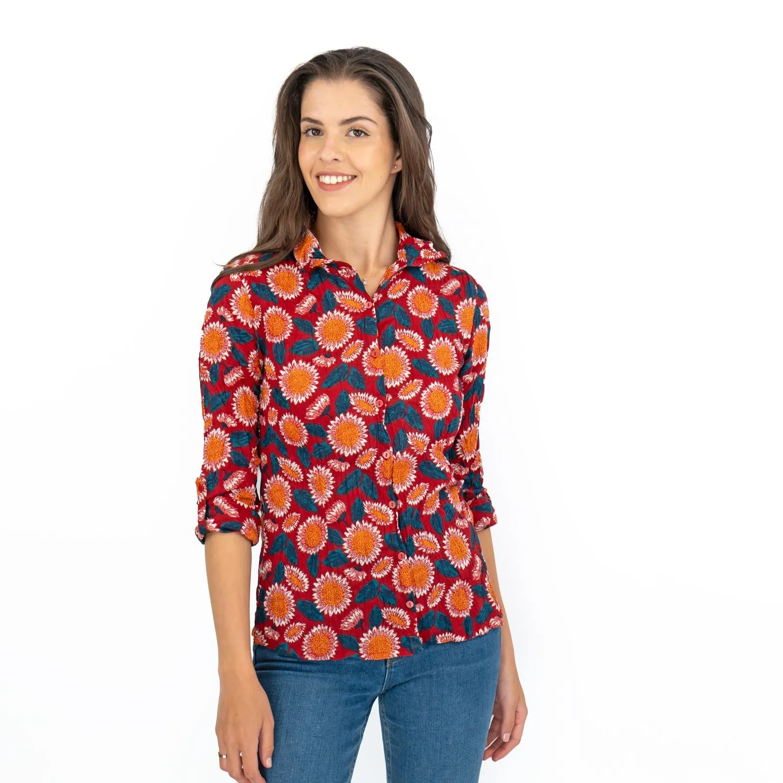 Seasalt Larissa Red Daisies Shirt Long Sleeve Cotton Button-Up Tops