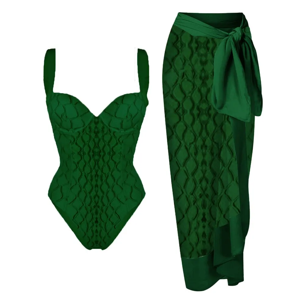 Solid Color Rhombus Textured Printed One-Piece Swimsuit/Cover Up Anna Kay Co